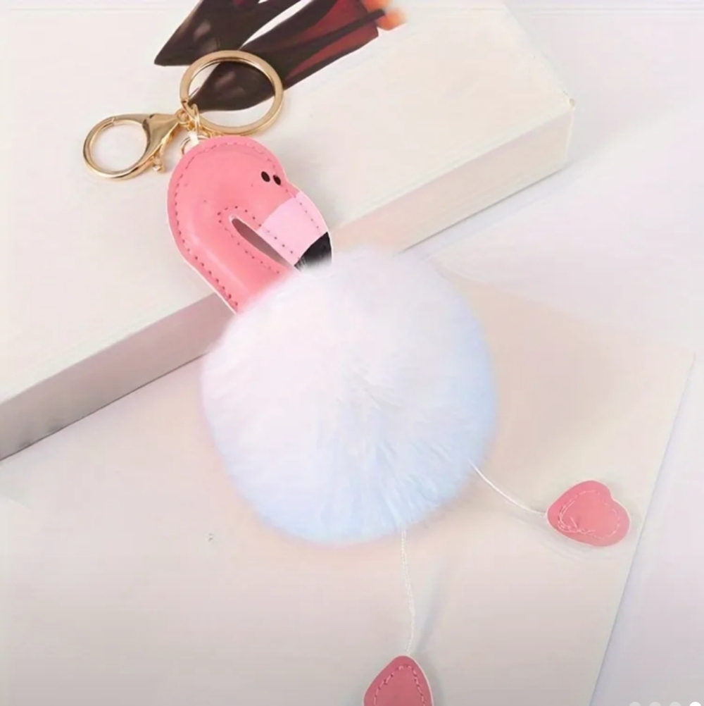 Flamingo Shaped Faux Fur Keychain